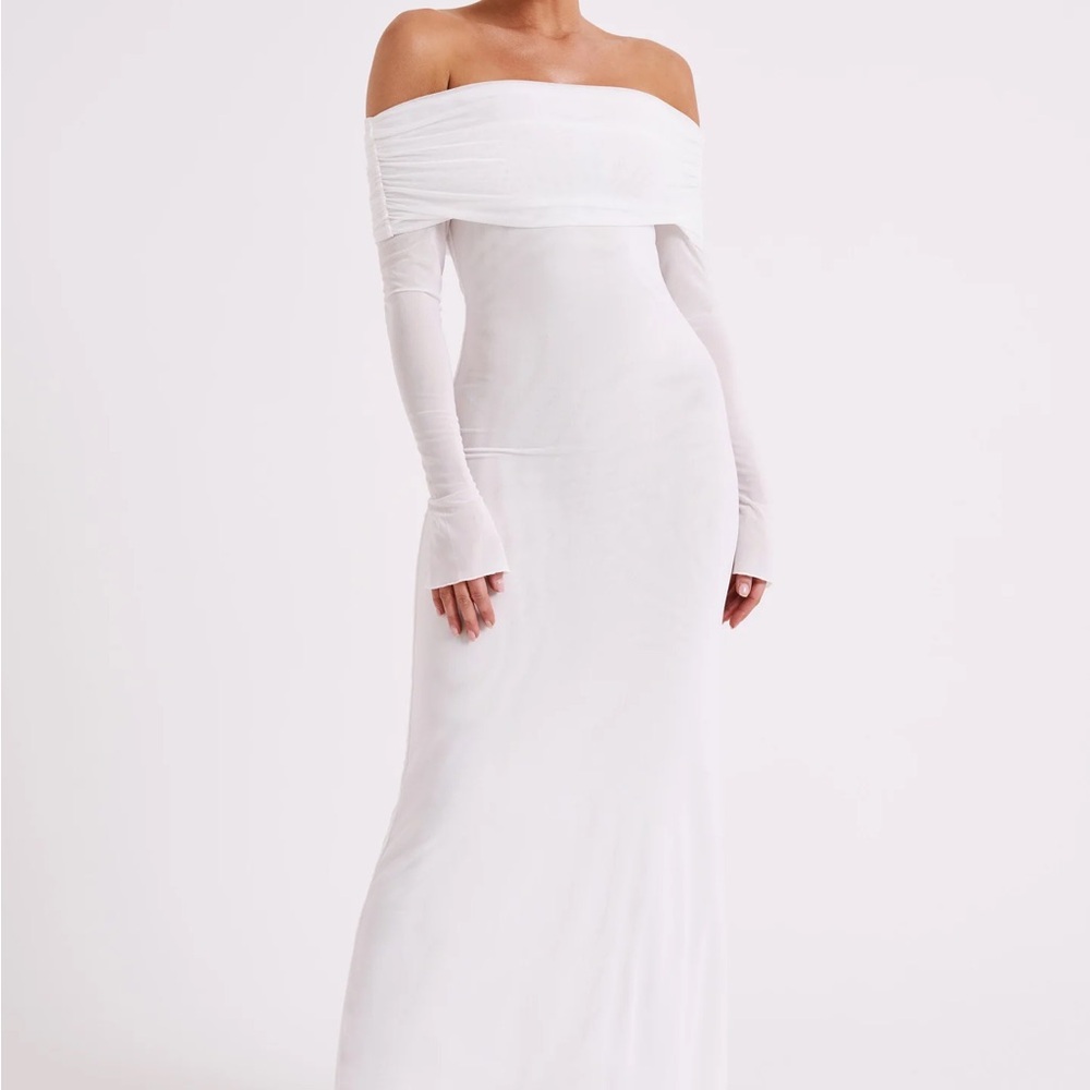 Meshki Josie Off Shoulder Mesh Dress in Ivory